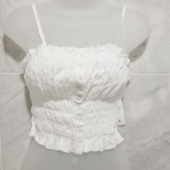 Urban Outfitters Tulla Smocked Crop Top White Tie Shoulder Medium - Picture 9 of 10